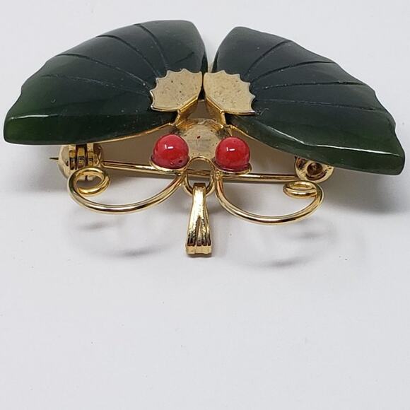Gold-tone & Faux Jade Green Stone Red Eye Butterfly Brooch - Picture 8 of 8